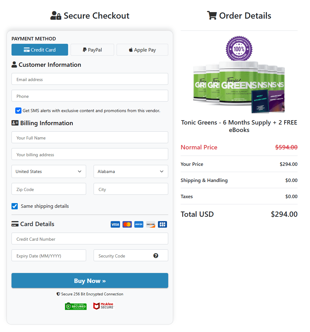Tonic Greens Checkout page